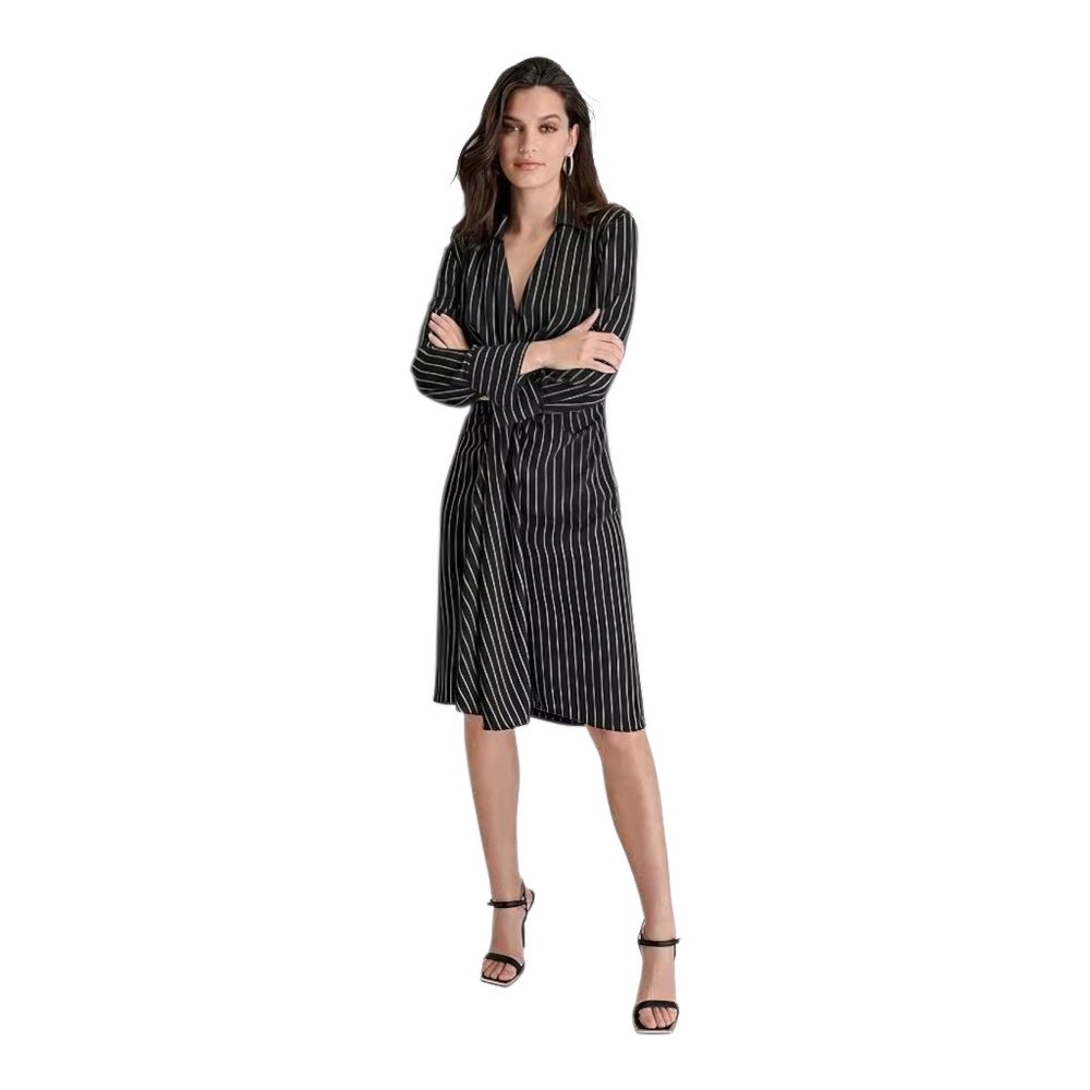 DKNY Women's Striped Twist-Front Collared Dress Black Size 4 - Picture 4 of 5
